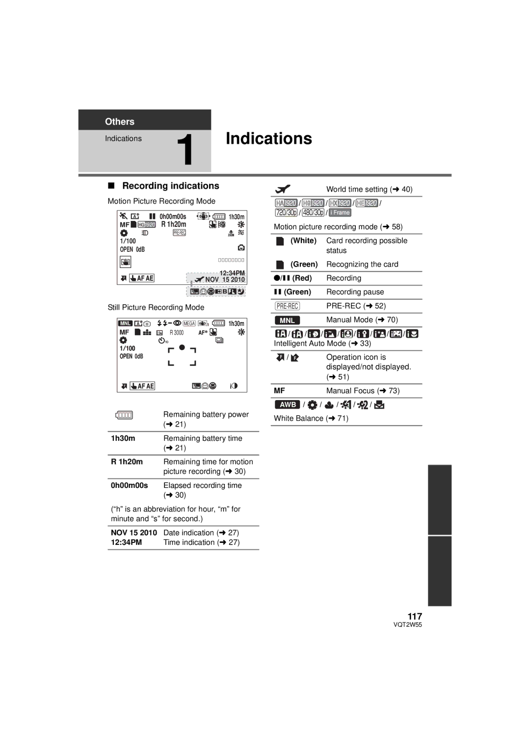 Panasonic HDC-SDX1P operating instructions Recording indications, 117 