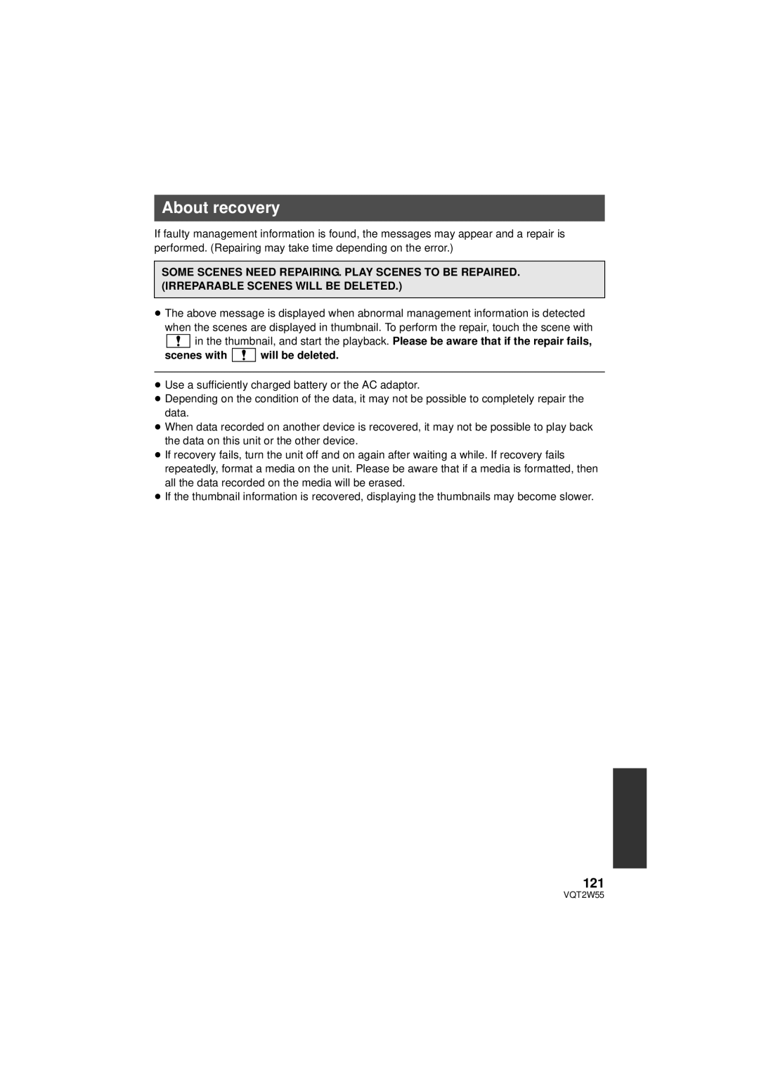 Panasonic HDC-SDX1P operating instructions About recovery, 121, Scenes with will be deleted 