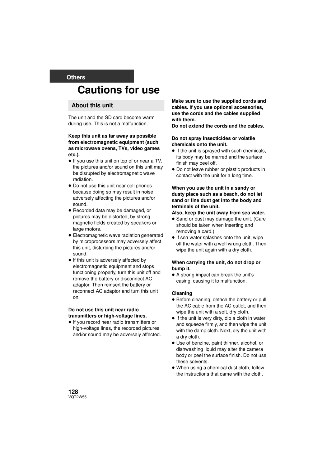 Panasonic HDC-SDX1P operating instructions About this unit, 128, When carrying the unit, do not drop or bump it, Cleaning 