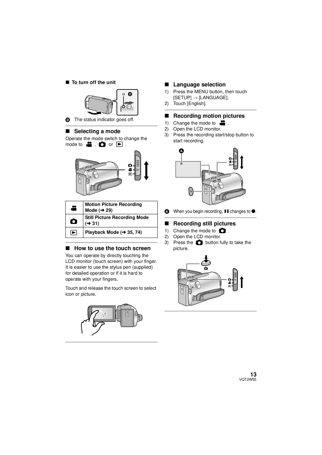 Panasonic HDC-SDX1P Selecting a mode, How to use the touch screen, Language selection, Recording motion pictures 