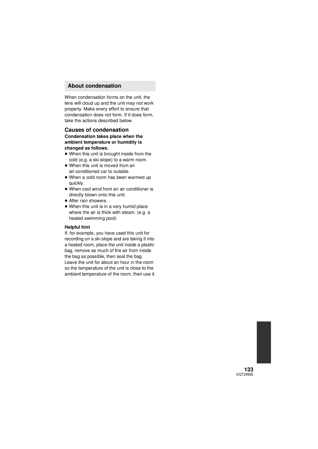 Panasonic HDC-SDX1P operating instructions About condensation, Causes of condensation, 133, Helpful hint 