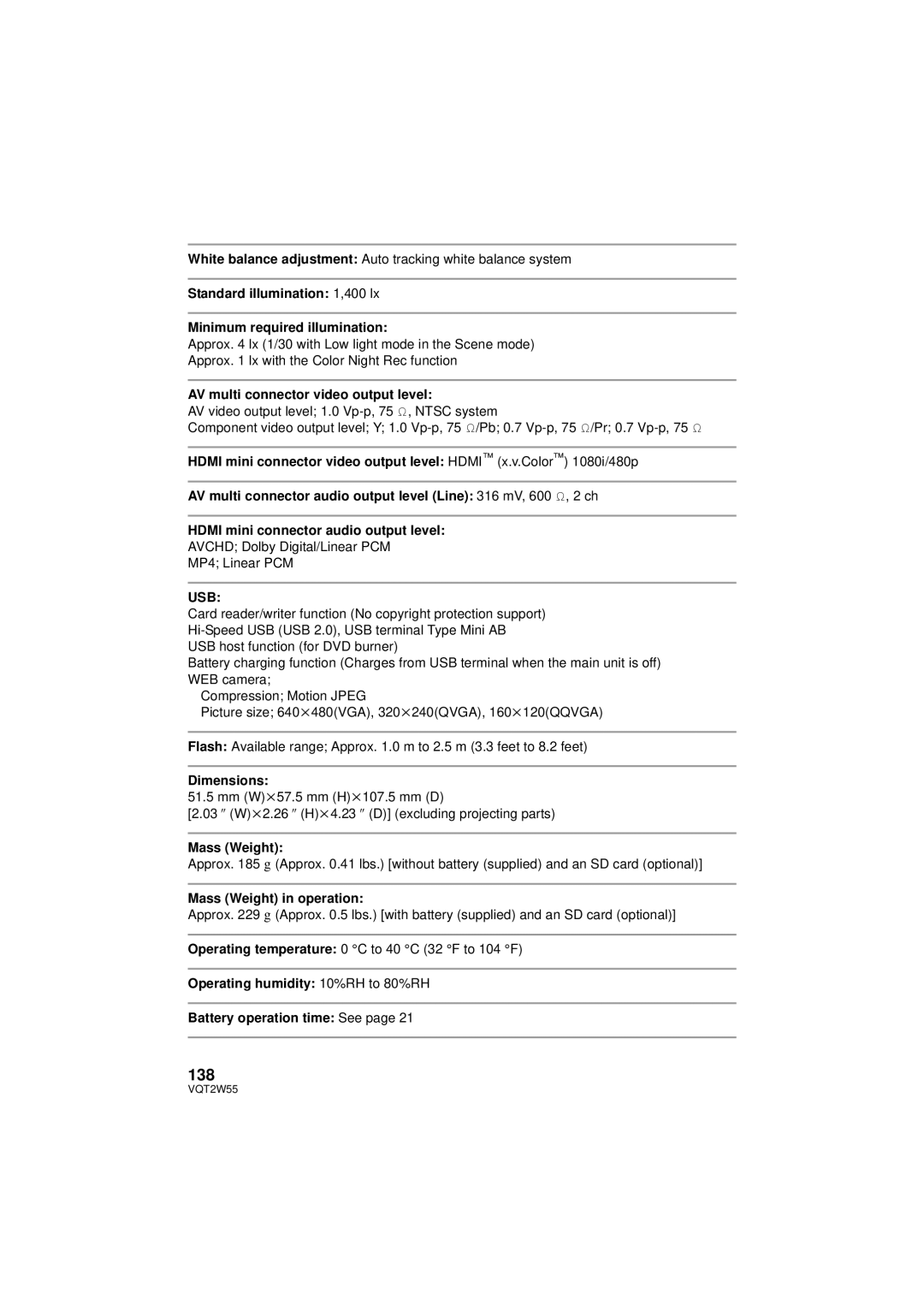 Panasonic HDC-SDX1P operating instructions 138, Usb 