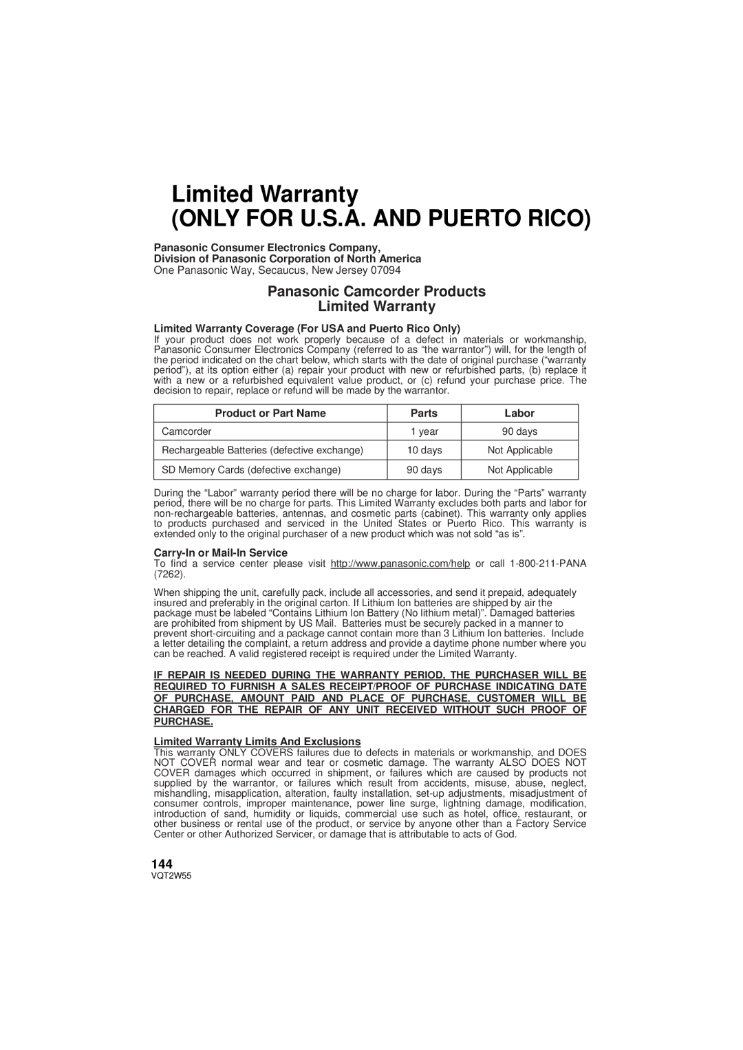 Panasonic HDC-SDX1P operating instructions Limited Warranty, 144 