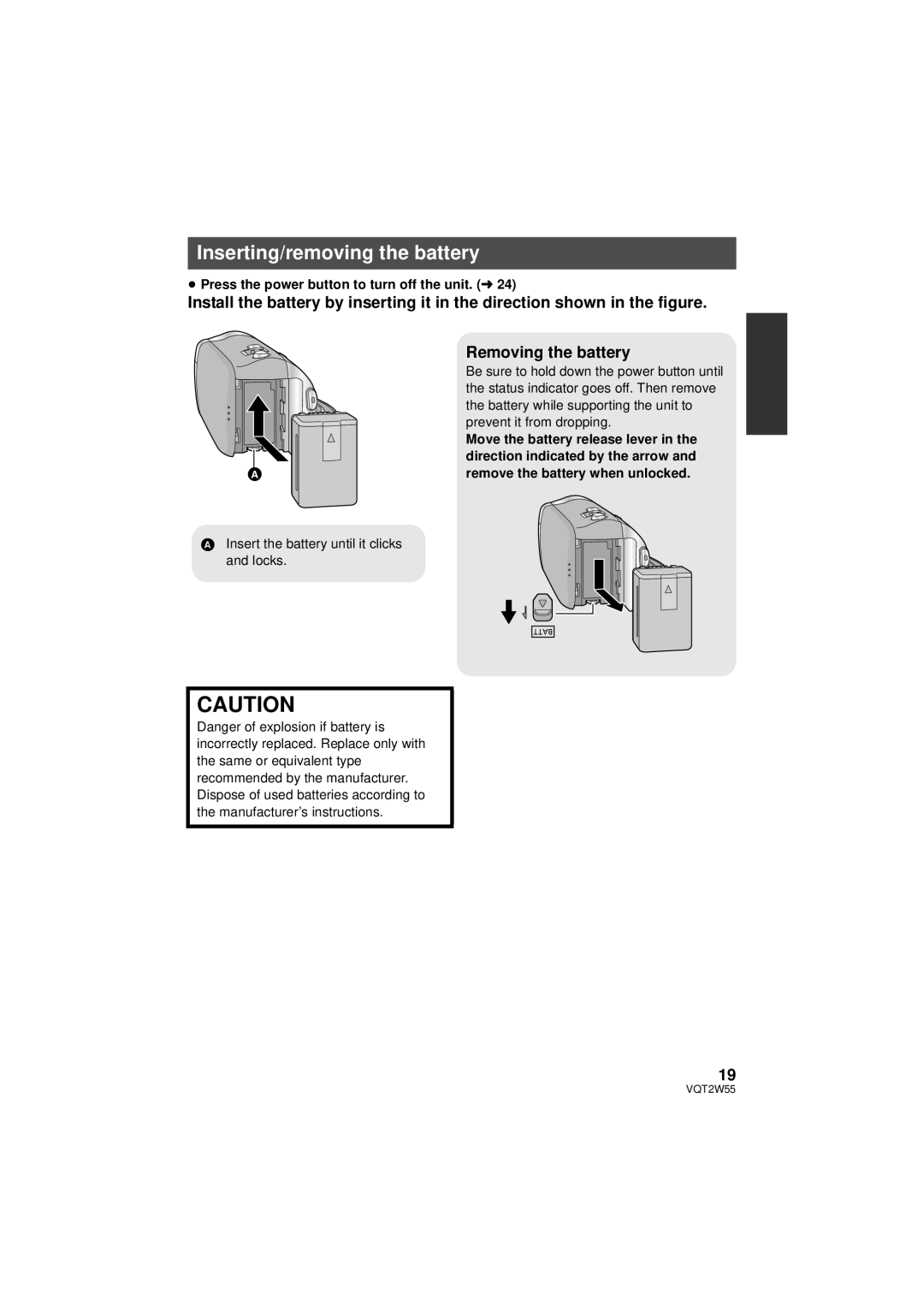 Panasonic HDC-SDX1P Inserting/removing the battery, Removing the battery, ≥ Press the power button to turn off the unit. l 