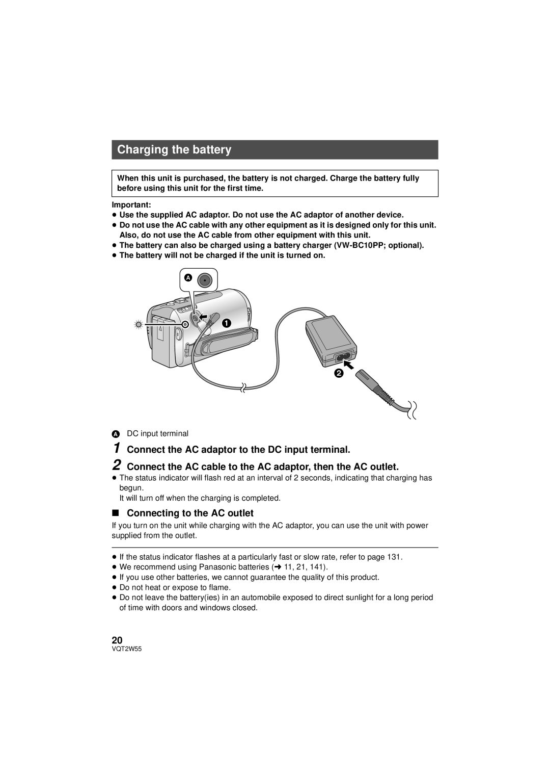 Panasonic HDC-SDX1P Charging the battery, Connect the AC adaptor to the DC input terminal, Connecting to the AC outlet 