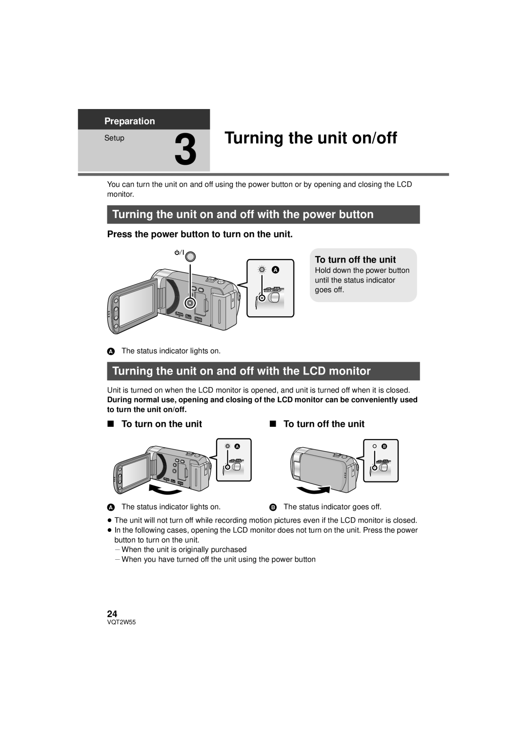 Panasonic HDC-SDX1P operating instructions Turning the unit on/off, Turning the unit on and off with the power button 