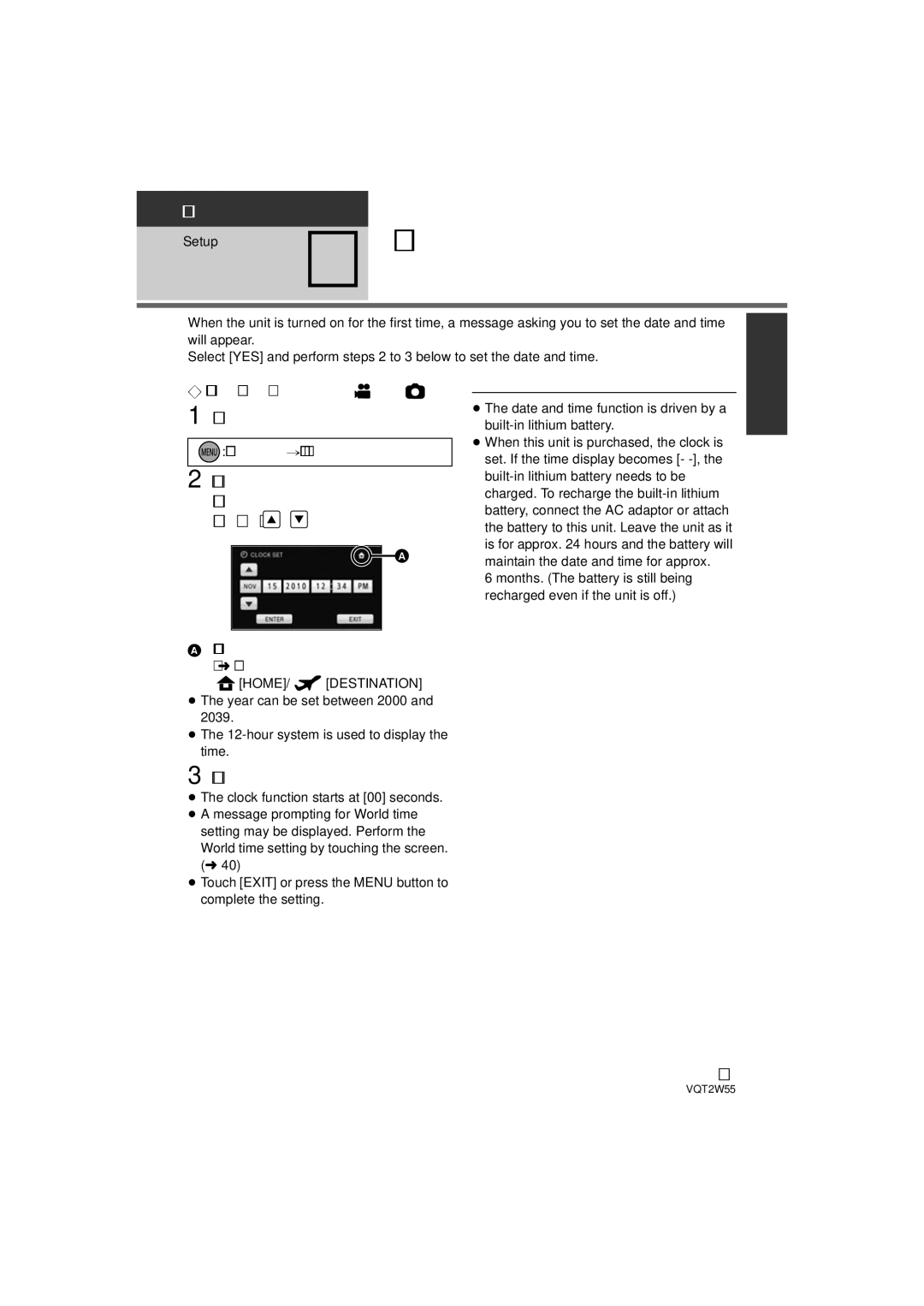 Panasonic HDC-SDX1P operating instructions Setting date and time, Select the menu, Touch Enter, Setup # Clock SET 