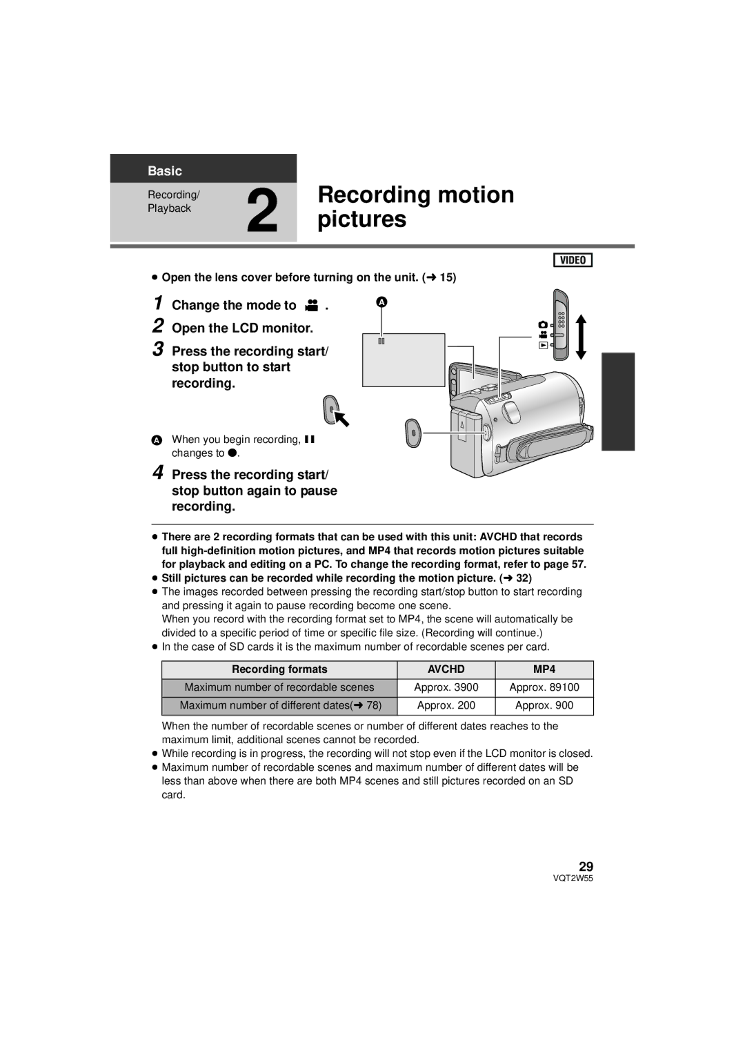 Panasonic HDC-SDX1P Recording motion, Pictures, ≥ Open the lens cover before turning on the unit. l, Recording formats 