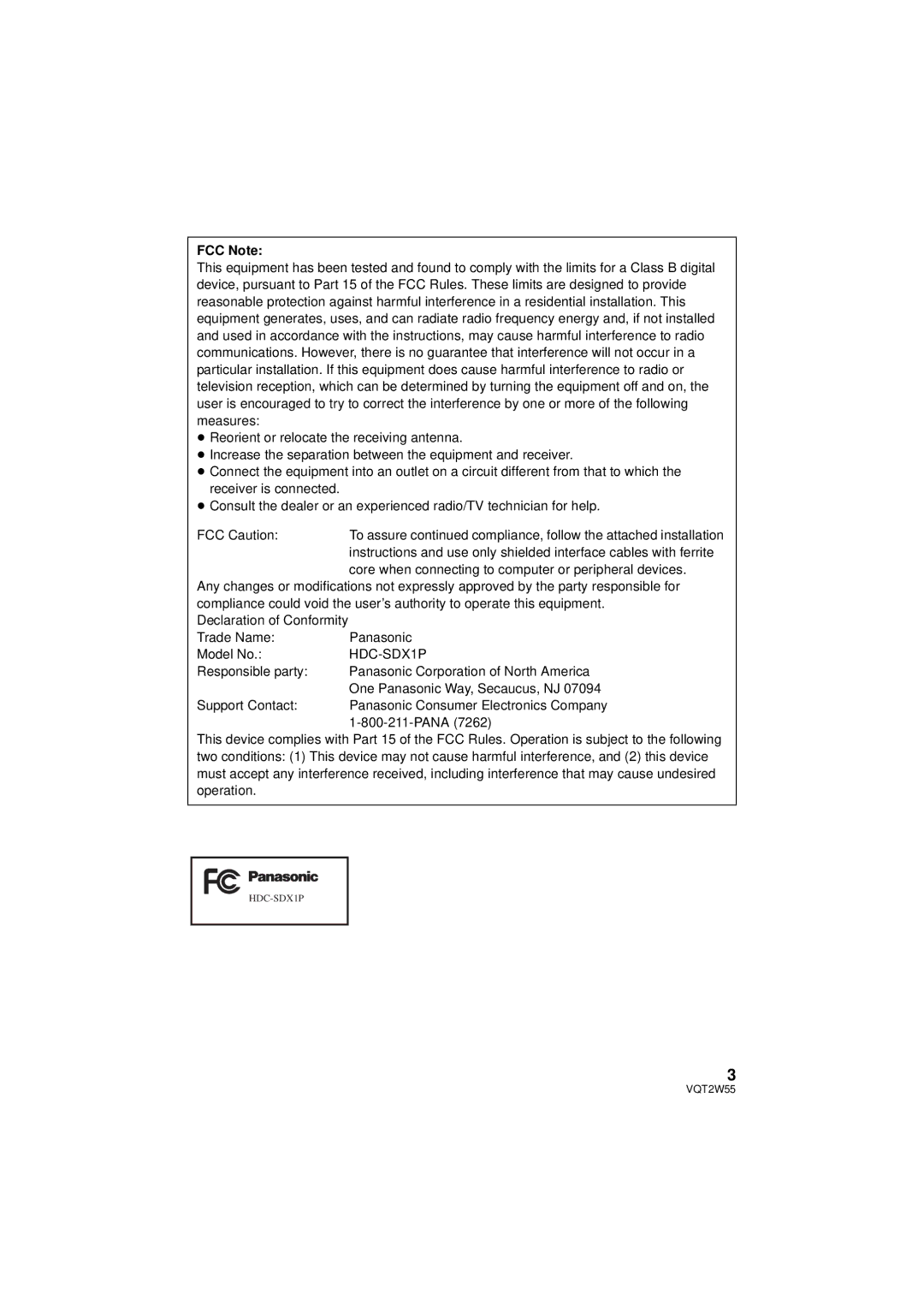 Panasonic HDC-SDX1P operating instructions FCC Note 