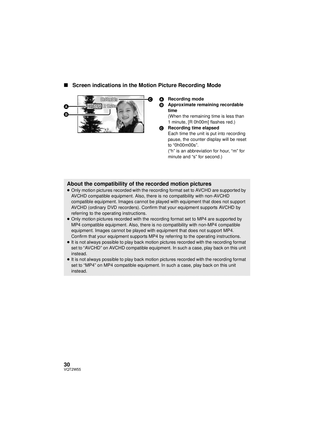 Panasonic HDC-SDX1P operating instructions Screen indications in the Motion Picture Recording Mode, Recording time elapsed 