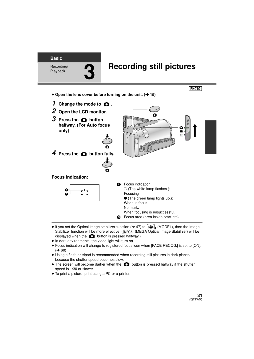 Panasonic HDC-SDX1P operating instructions Recording still pictures 