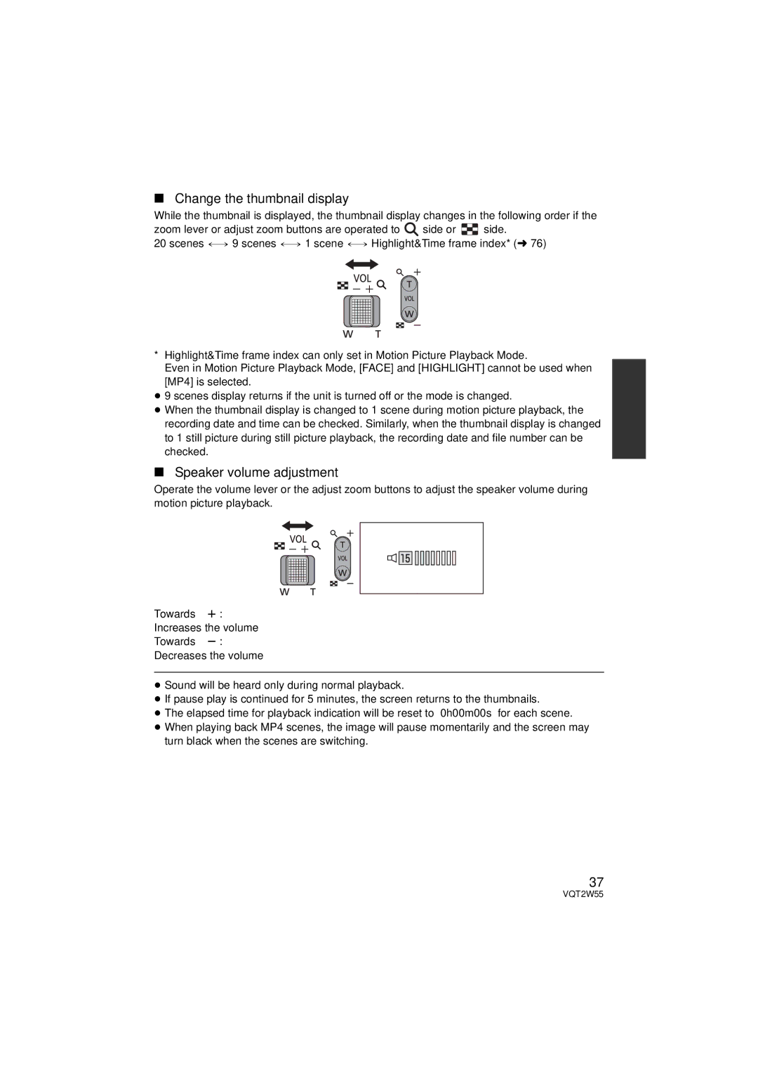 Panasonic HDC-SDX1P operating instructions Change the thumbnail display, Speaker volume adjustment, Towards r, Towards s 