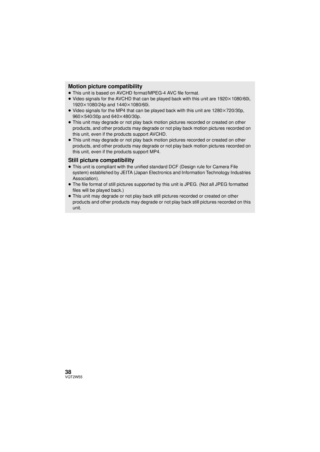 Panasonic HDC-SDX1P operating instructions Motion picture compatibility, Still picture compatibility 