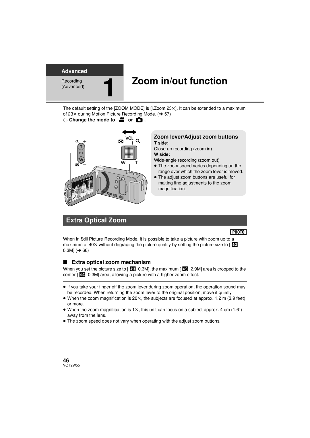 Panasonic HDC-SDX1P Zoom in/out function, Extra Optical Zoom, Zoom lever/Adjust zoom buttons, Extra optical zoom mechanism 