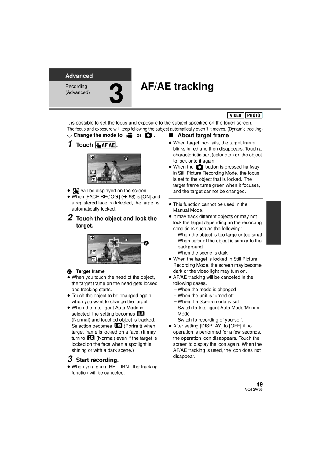 Panasonic HDC-SDX1P AF/AE tracking, Touch the object and lock the target, Start recording, About target frame 