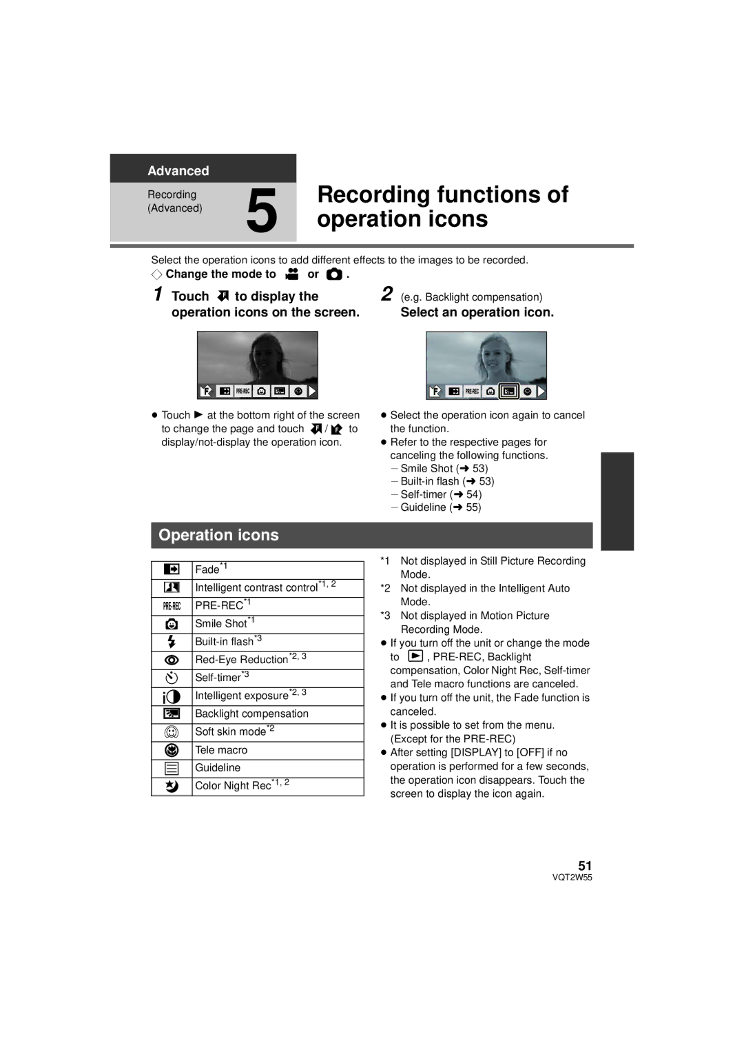 Panasonic HDC-SDX1P operating instructions Recording functions, Operation icons, Touch F to display 