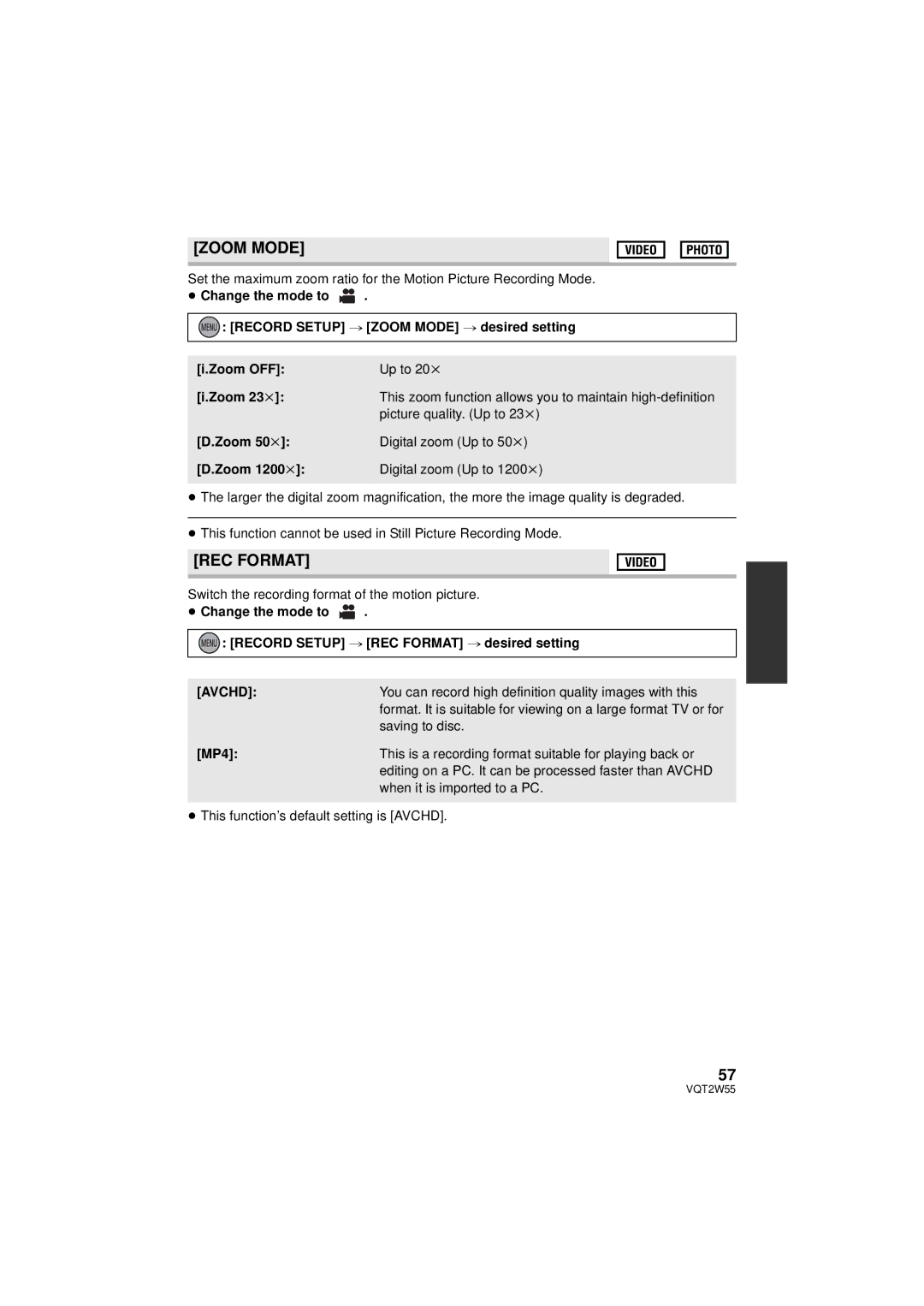 Panasonic HDC-SDX1P operating instructions Zoom Mode, REC Format, Picture quality. Up to 23k, Avchd, MP4 