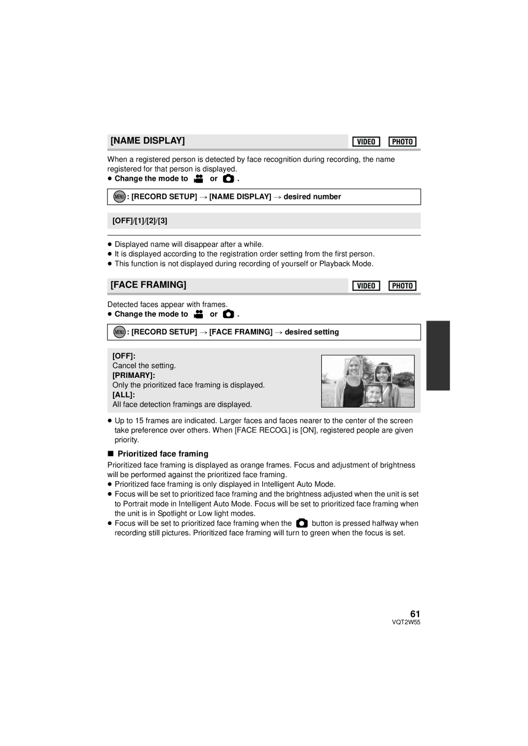 Panasonic HDC-SDX1P operating instructions Name Display, Face Framing, Prioritized face framing, Primary, All 