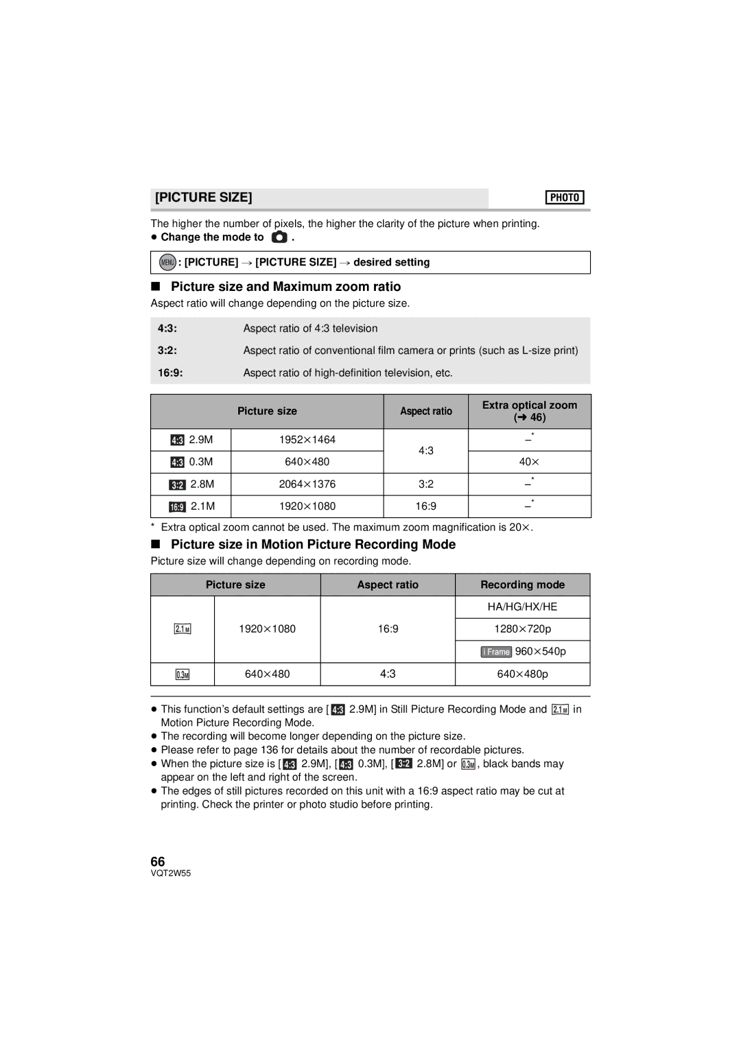 Panasonic HDC-SDX1P Picture Size, Picture size and Maximum zoom ratio, Picture size in Motion Picture Recording Mode 