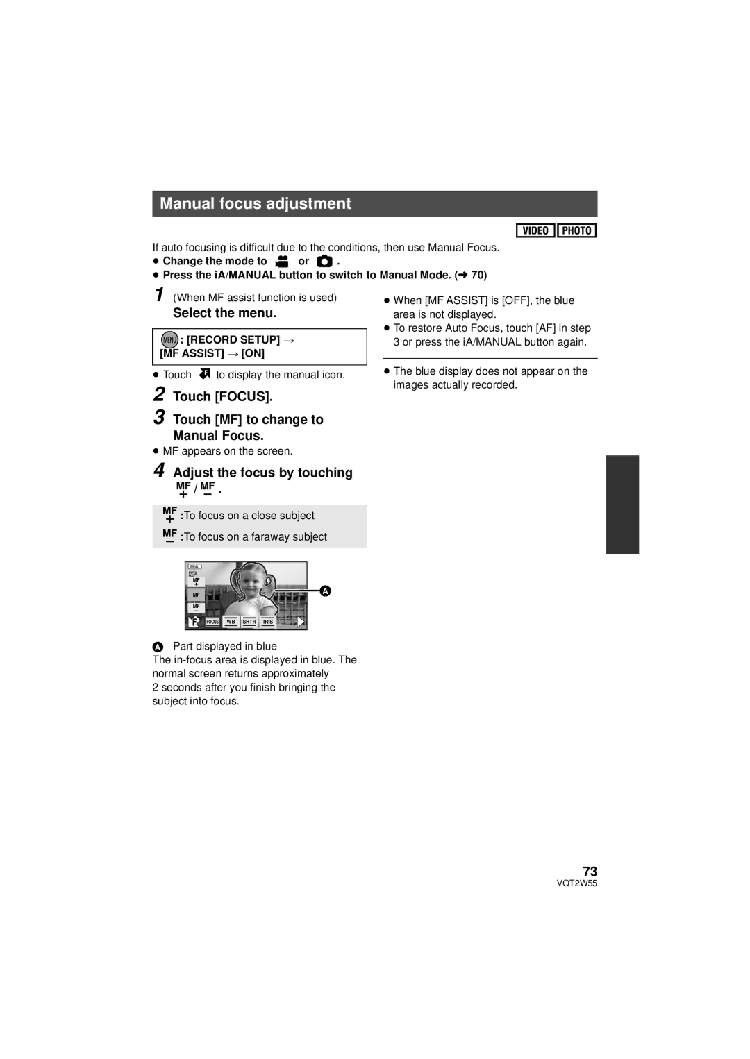 Panasonic HDC-SDX1P Manual focus adjustment, Touch MF to change to Manual Focus, Record Setup # MF Assist # on 