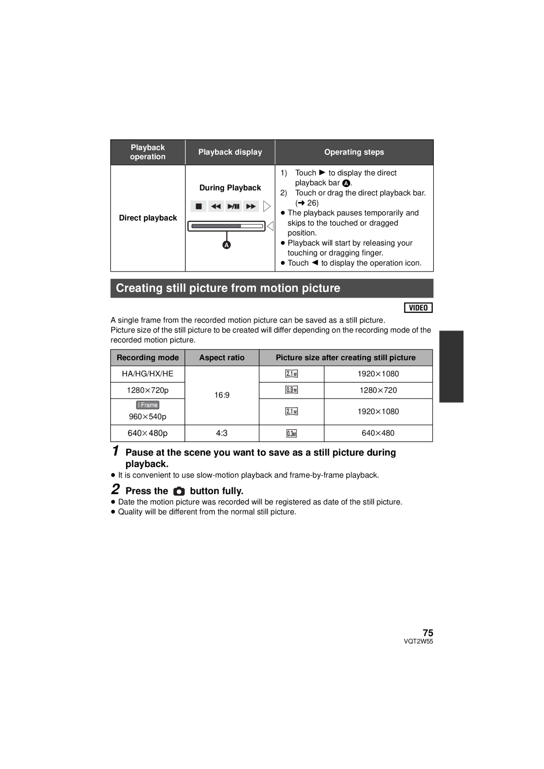 Panasonic HDC-SDX1P operating instructions Creating still picture from motion picture, Direct playback 