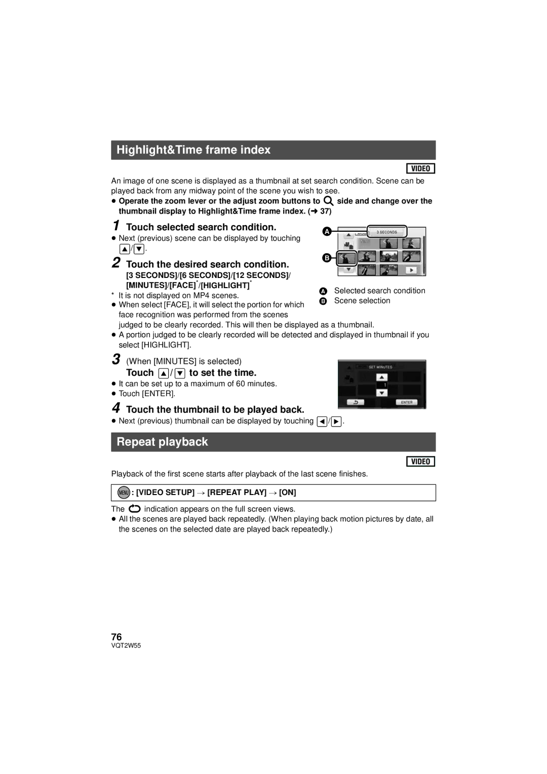 Panasonic HDC-SDX1P operating instructions Highlight&Time frame index, Repeat playback 