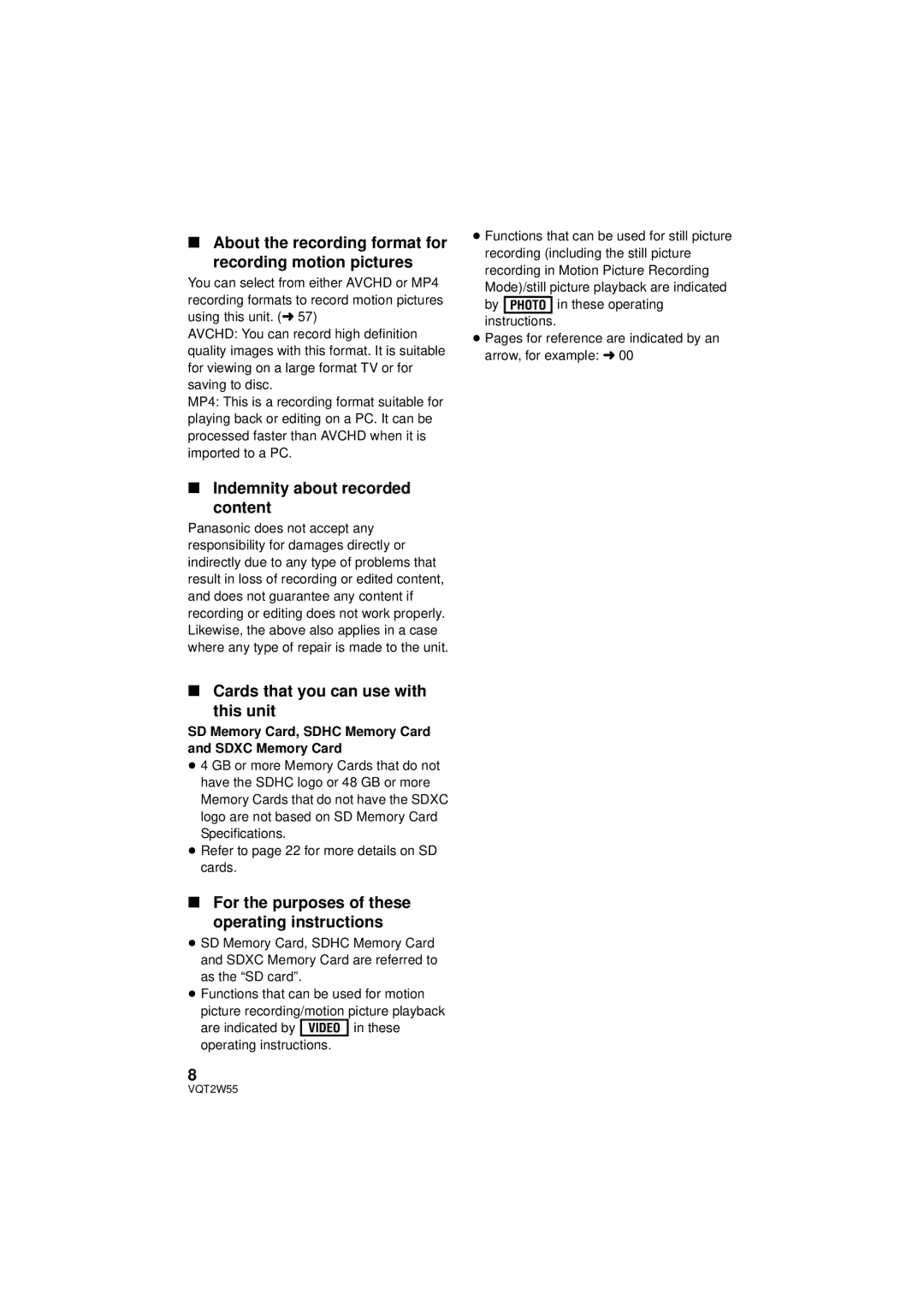 Panasonic HDC-SDX1P About the recording format for recording motion pictures, Indemnity about recorded content 