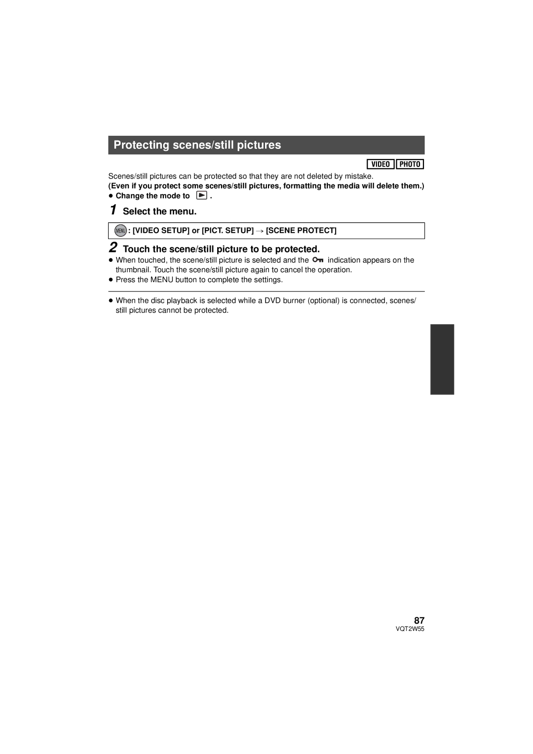 Panasonic HDC-SDX1P operating instructions Protecting scenes/still pictures, Touch the scene/still picture to be protected 