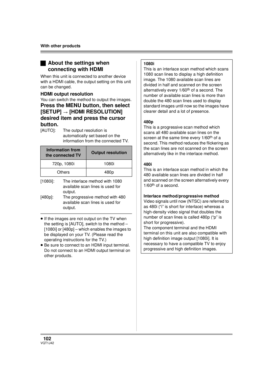 Panasonic HDC-SX5PC operating instructions About the settings when connecting with Hdmi, Hdmi output resolution, 102 