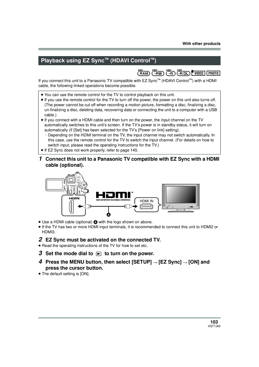 Panasonic HDC-SX5PC Playback using EZ Sync Hdavi Control, EZ Sync must be activated on the connected TV, 103 