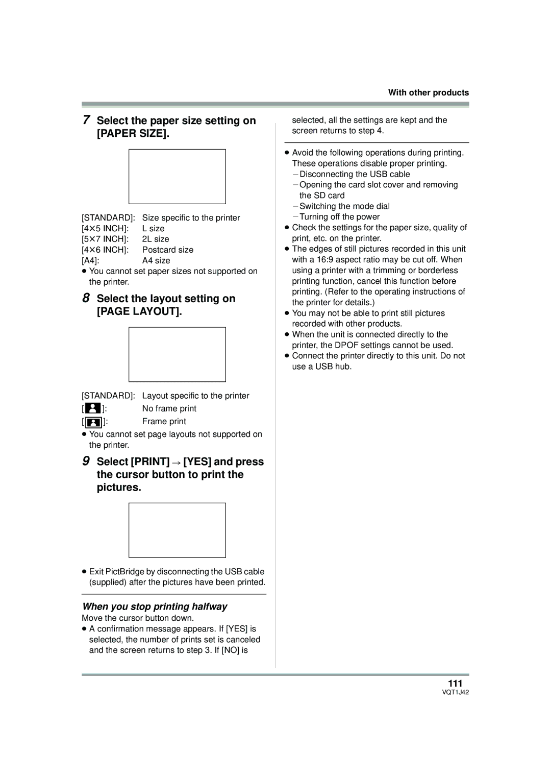 Panasonic HDC-SX5PC Select the paper size setting on Paper Size, Select the layout setting on page Layout, 111 