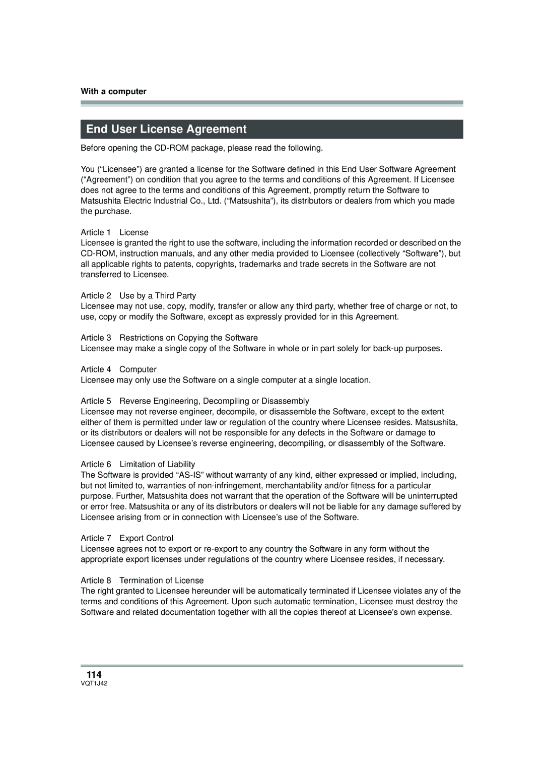 Panasonic HDC-SX5PC operating instructions End User License Agreement, 114 