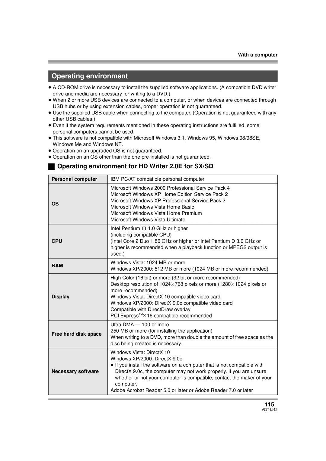 Panasonic HDC-SX5PC operating instructions Operating environment for HD Writer 2.0E for SX/SD, 115, Cpu, Ram 