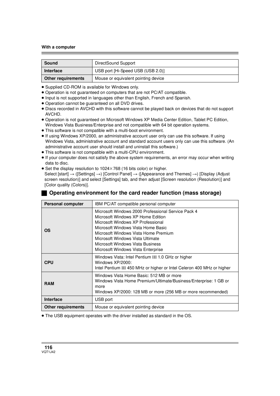 Panasonic HDC-SX5PC operating instructions 116, With a computer Sound, Interface, Other requirements 