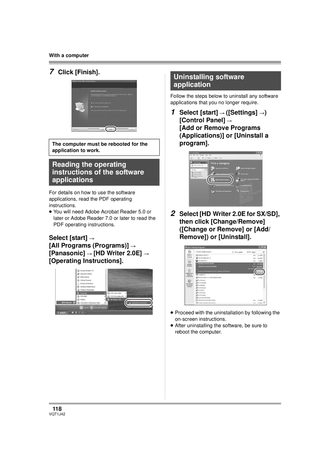 Panasonic HDC-SX5PC operating instructions Uninstalling software application, Click Finish, 118 