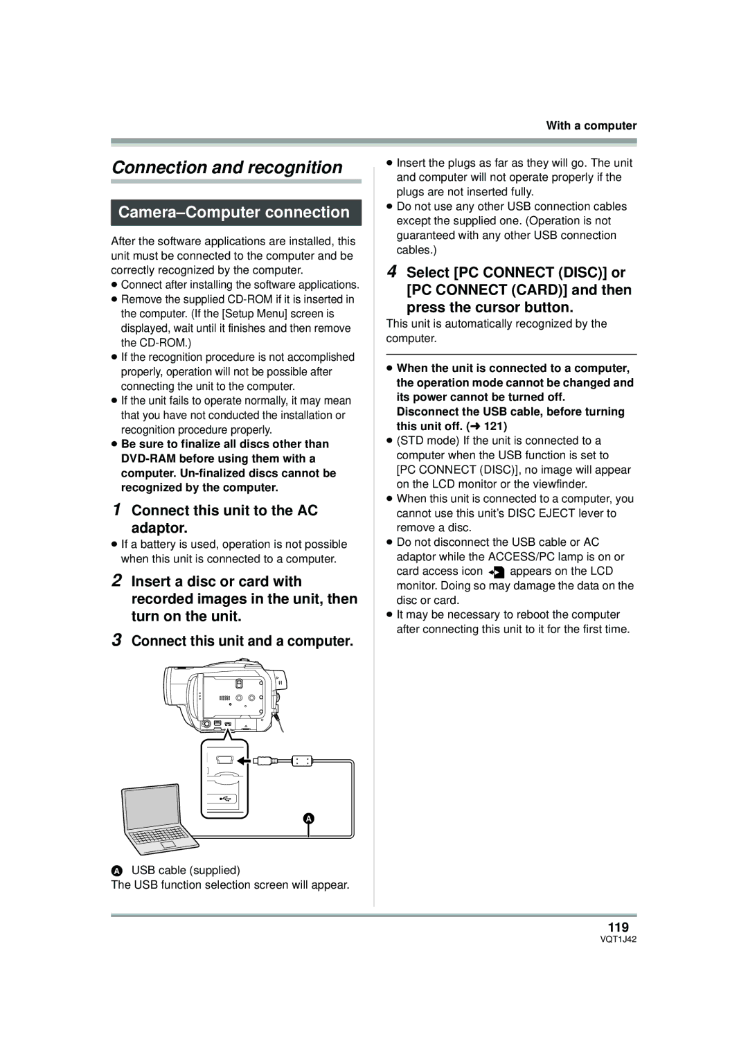 Panasonic HDC-SX5PC operating instructions Connection and recognition, Camera-Computer connection, 119 