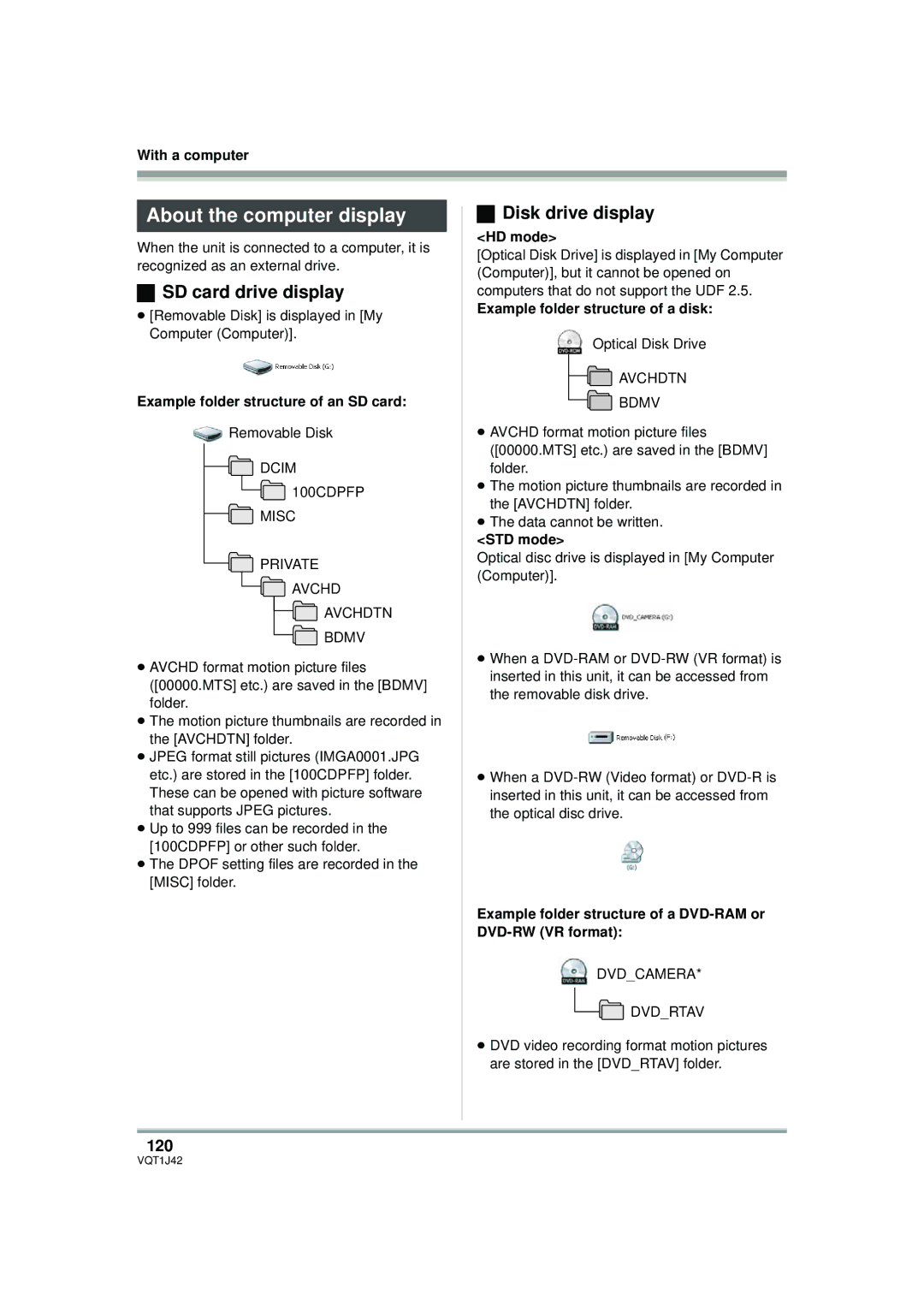 Panasonic HDC-SX5PC operating instructions About the computer display, SD card drive display, Disk drive display, 120 