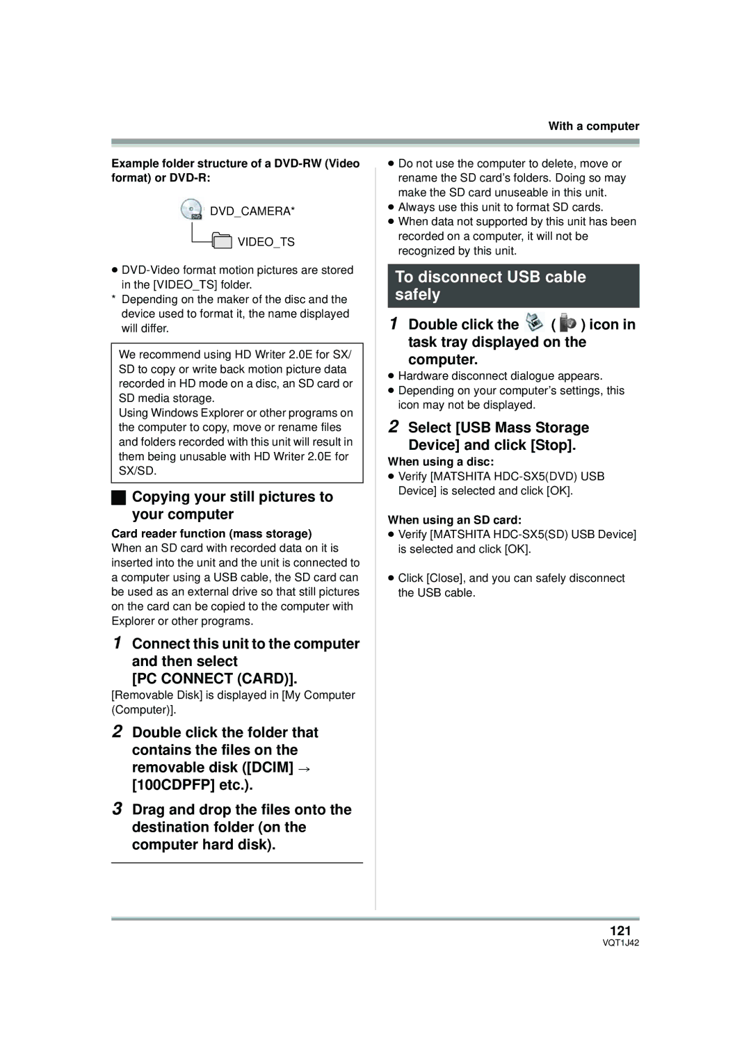 Panasonic HDC-SX5PC operating instructions To disconnect USB cable safely, Copying your still pictures to your computer 