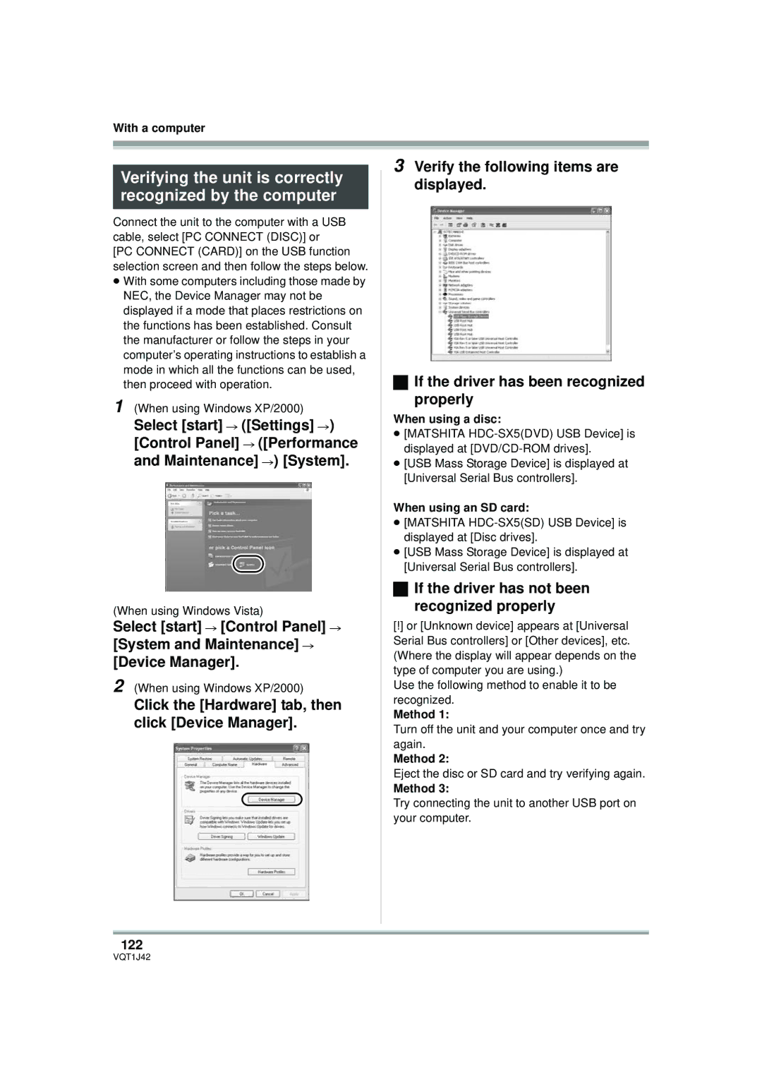 Panasonic HDC-SX5PC operating instructions Verifying the unit is correctly recognized by the computer, 122, Method 