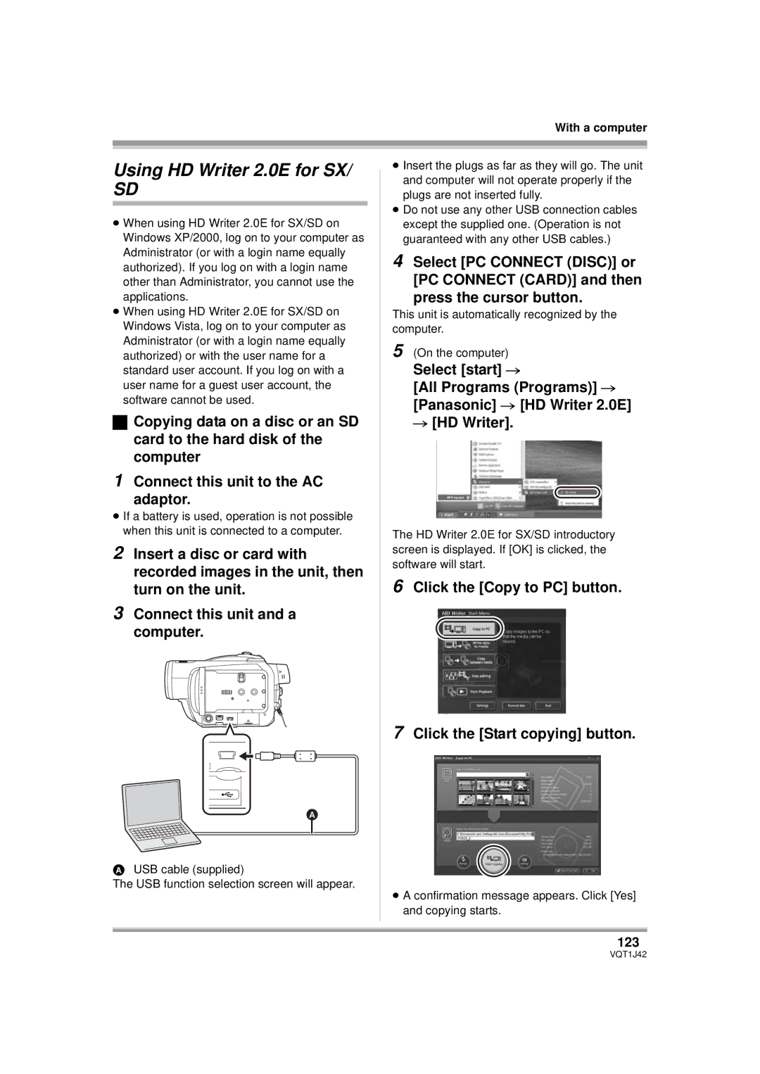 Panasonic HDC-SX5PC Using HD Writer 2.0E for SX, Click the Copy to PC button Click the Start copying button, 123 