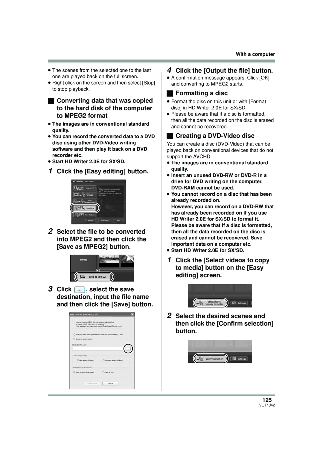 Panasonic HDC-SX5PC operating instructions Formatting a disc, Creating a DVD-Video disc, 125 