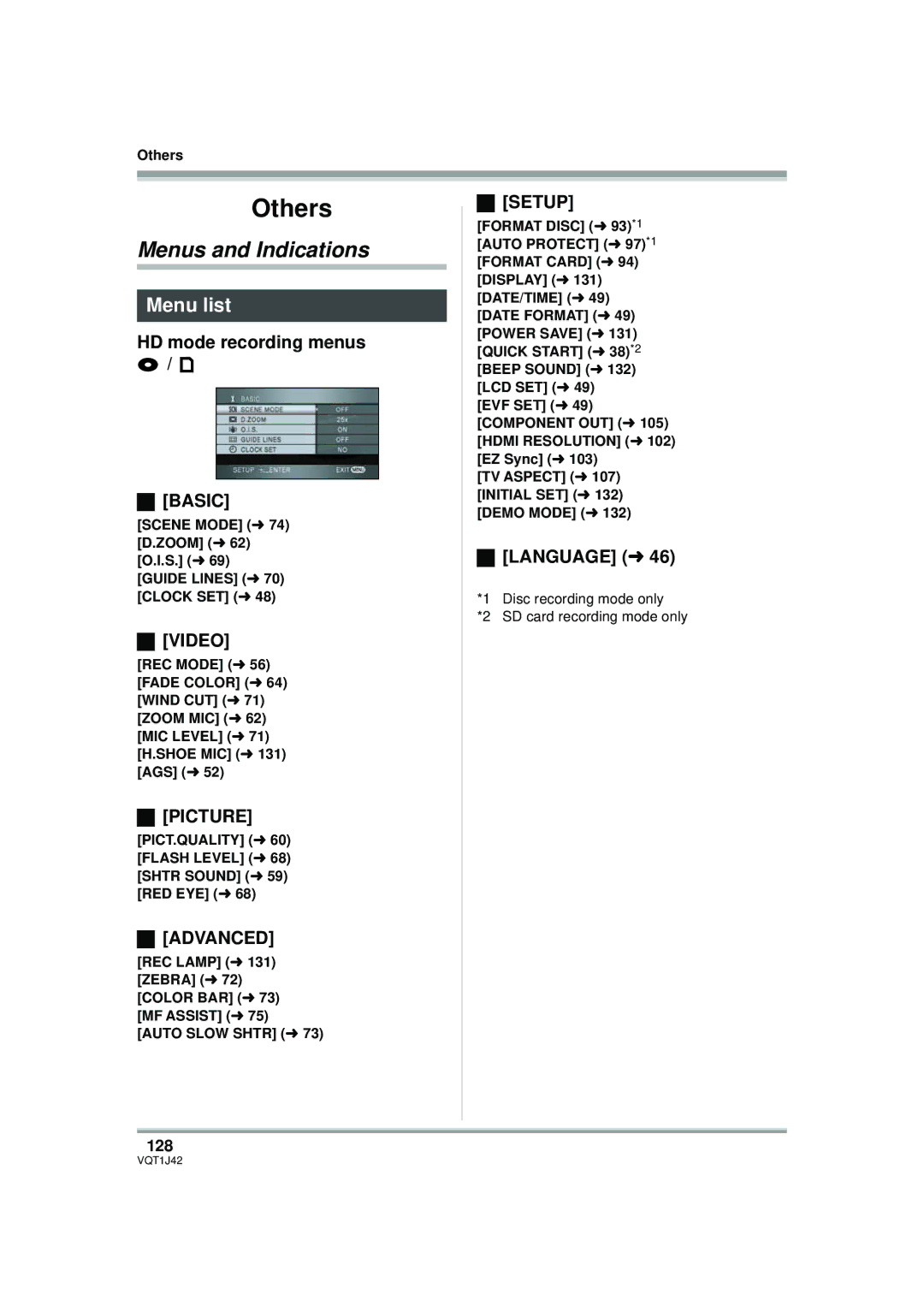 Panasonic HDC-SX5PC operating instructions Menus and Indications, Menu list 