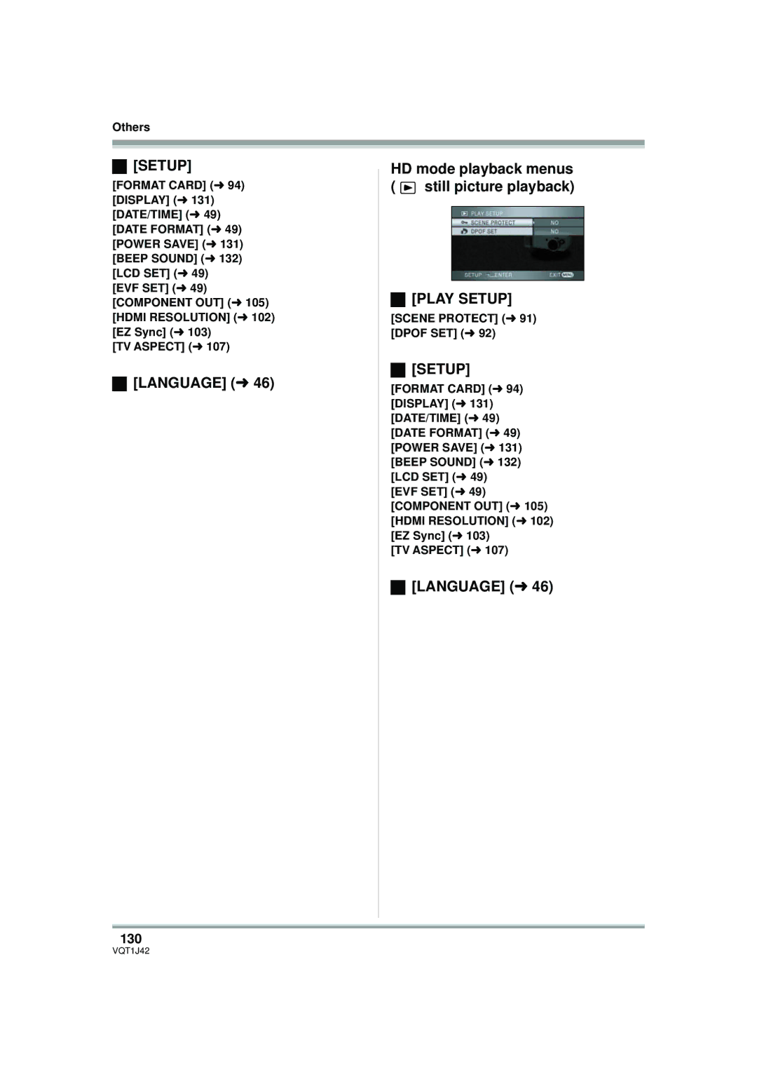 Panasonic HDC-SX5PC operating instructions 130, Scene Protect l 91 Dpof SET l 