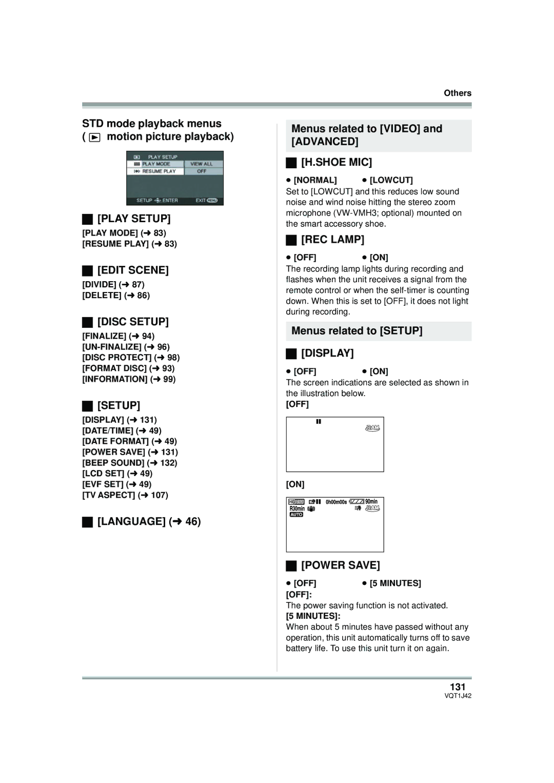 Panasonic HDC-SX5PC STD mode playback menus Motion picture playback Play Setup, REC Lamp, Menus related to Setup Display 