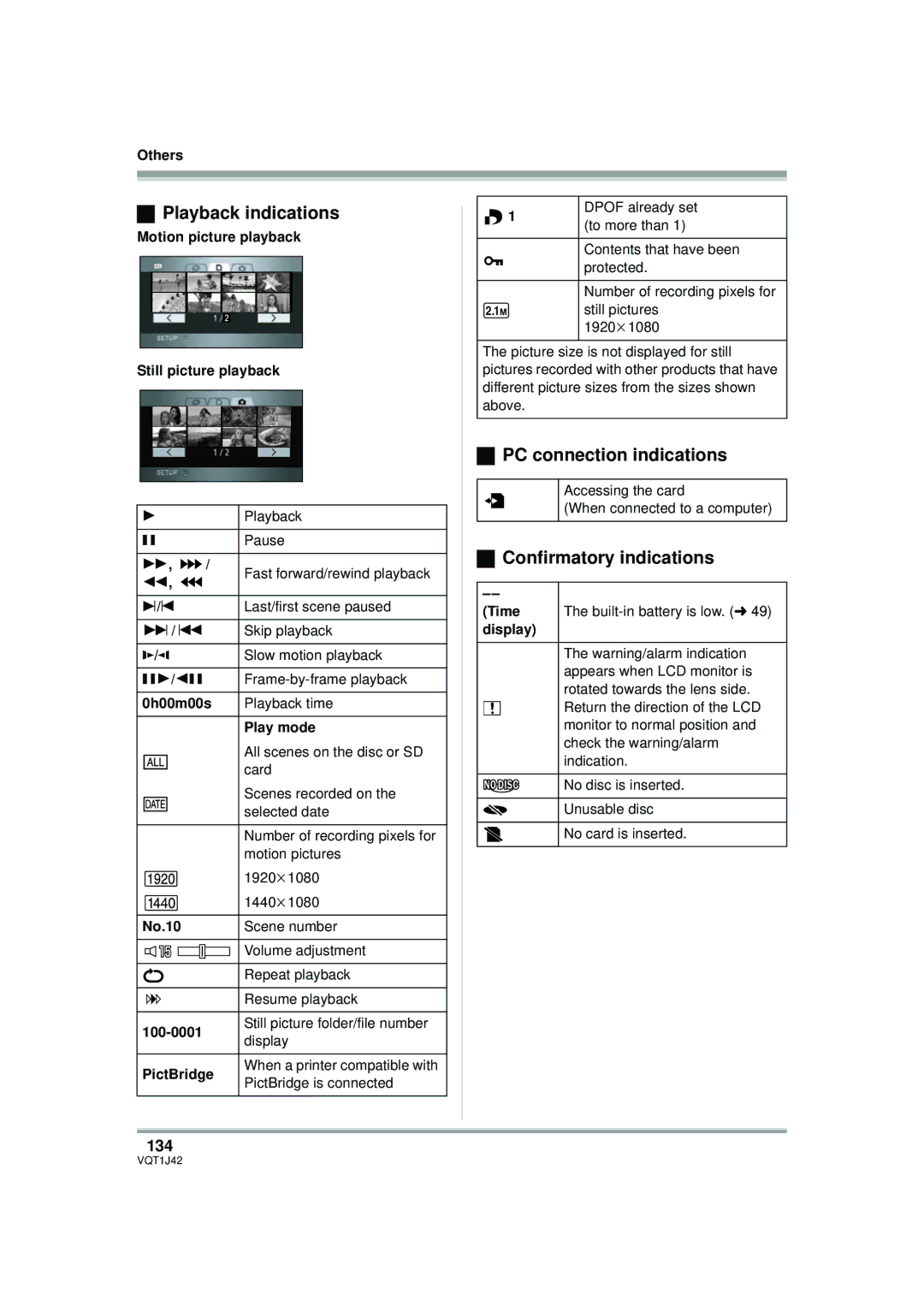 Panasonic HDC-SX5PC Playback indications, PC connection indications, Confirmatory indications, 134 