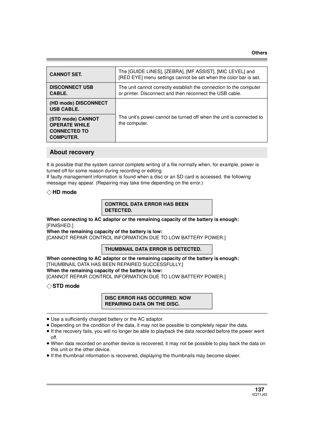 Panasonic HDC-SX5PC operating instructions About recovery, 137 