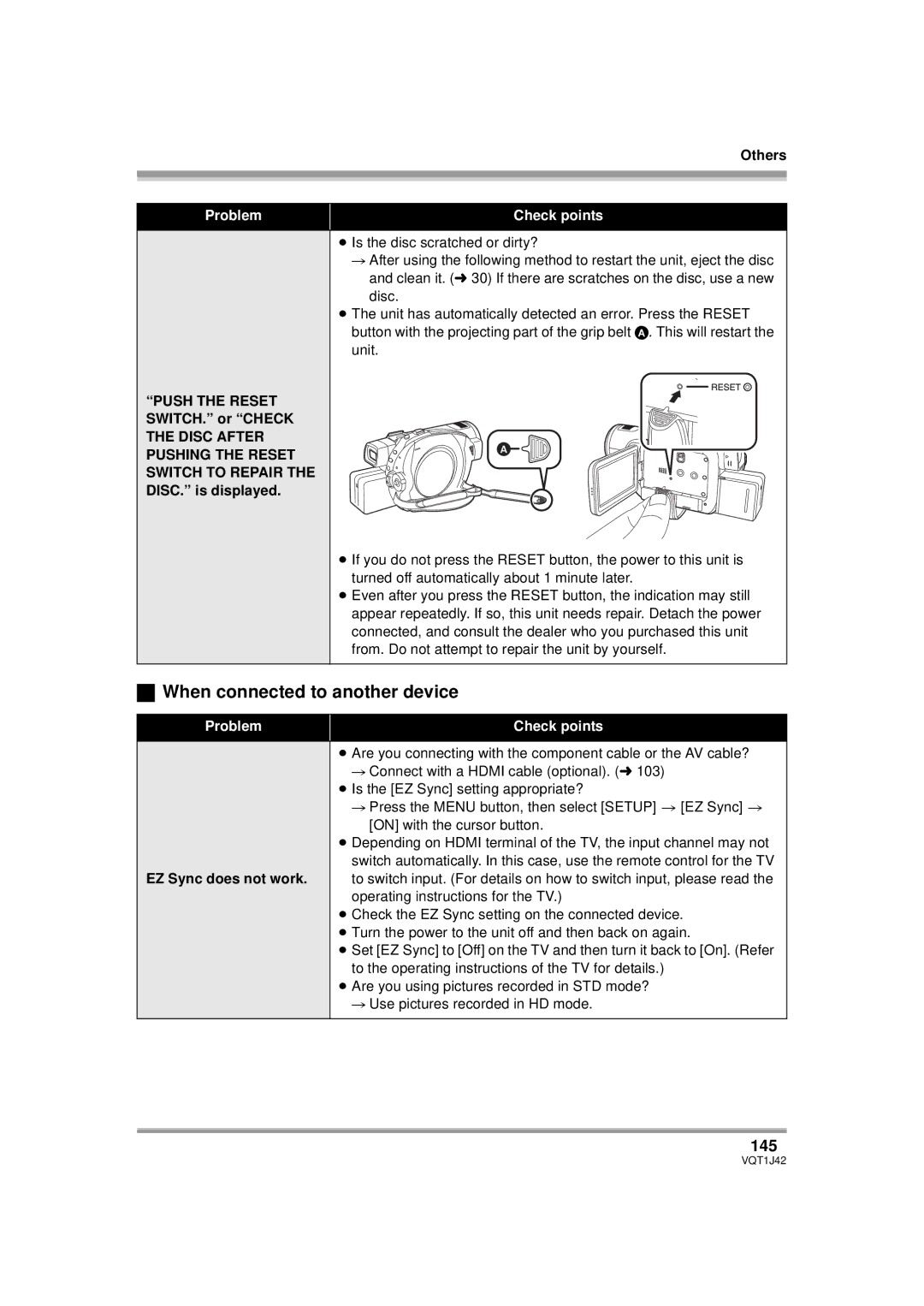 Panasonic HDC-SX5PC operating instructions When connected to another device, 145, EZ Sync does not work 