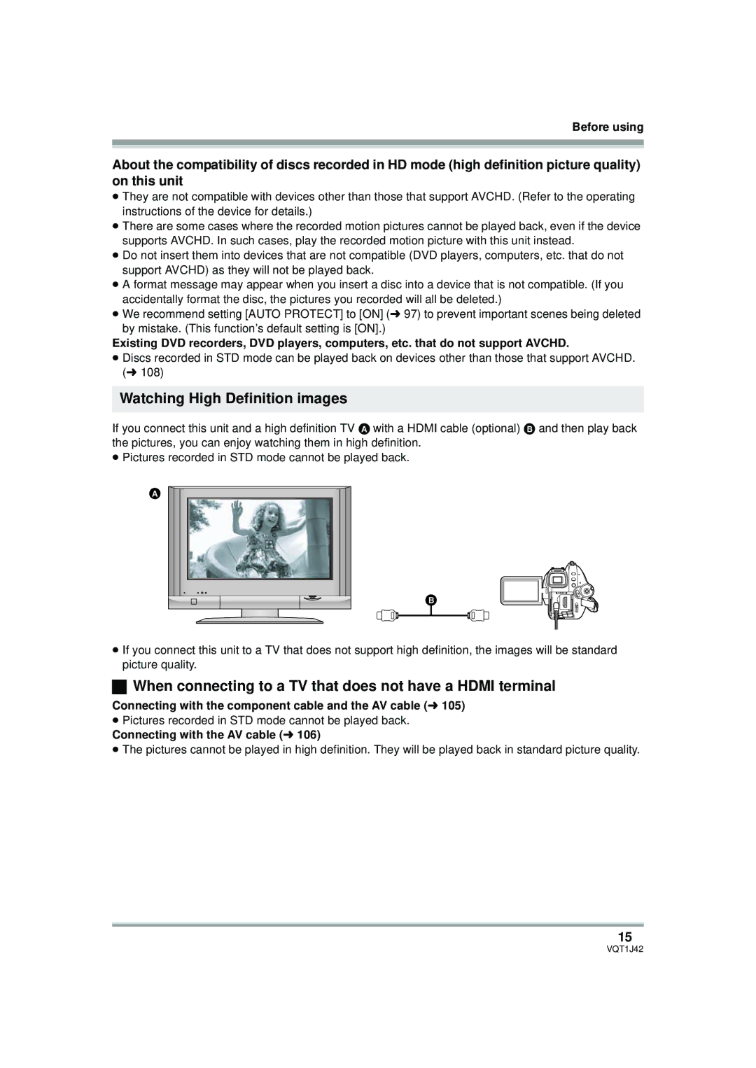 Panasonic HDC-SX5PC Watching High Definition images, When connecting to a TV that does not have a Hdmi terminal 