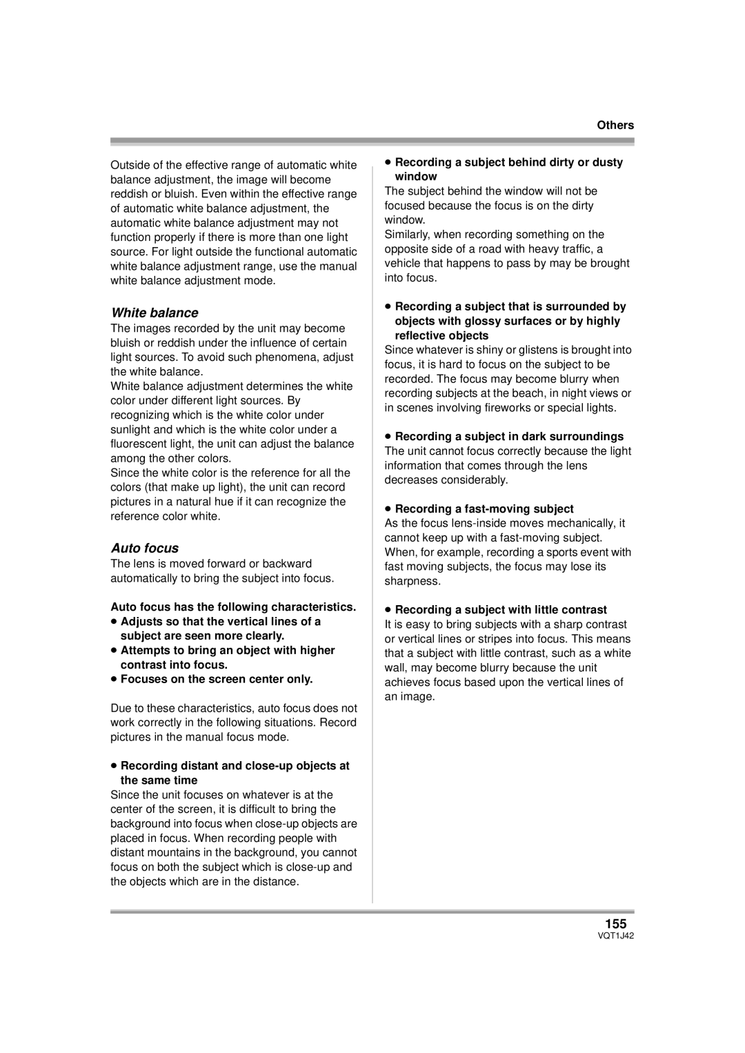 Panasonic HDC-SX5PC operating instructions White balance, Auto focus, 155 