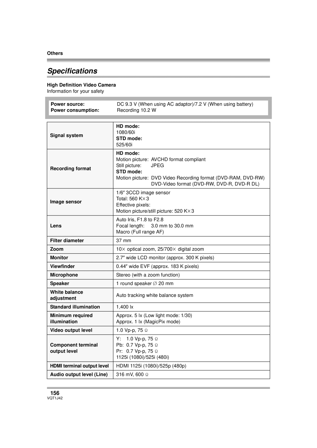 Panasonic HDC-SX5PC operating instructions Specifications, 156 